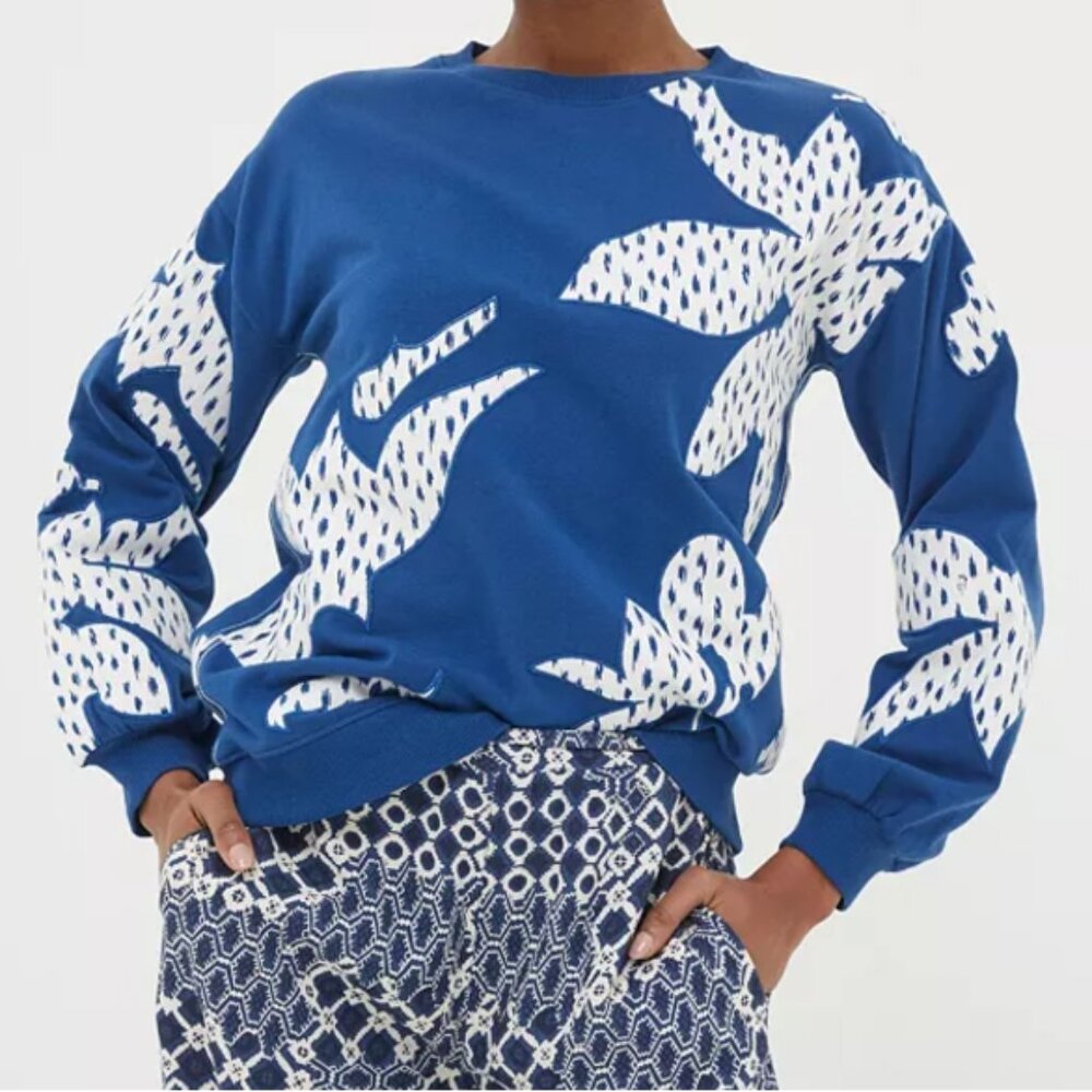 FatFace Women's Blue Alex Textured Leaves Crew Sweatshirt- Size 4, NWOT